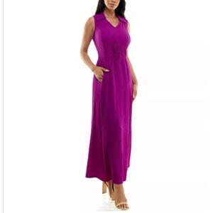 Nina Leonard Collard Violet Purple V-Neck Maxi Dress‎ Size 1X Artsy Beachy